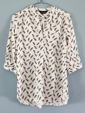 3/4 Sleeve Blouse, White With Black Feathers Small